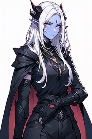 1girl, drow, colored skin, purple skin, pointy ears, long white hair, white eyes, red facial markings, forehead, black horns, black sleeveless turtleneck sweater, black pants, black and red boots, black and red armor, black fingerless gloves, black and red cape, warlock outfit, tsurime, red necklace, upper_body