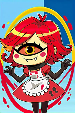 Niffty, 1girl, yellow skin, makeup, pink cheeks, (pink sclera), yellow eyes, short hair, pink-red hair with yellow streak, fangs, white apron, paint splatter, pink-red maid dress, pink puffy sleeves, black scarf, black pantyhose, black elbow gloves, (cyclops), perfect anatomy, female_solo, (insanely detailed, beautiful detailed face, masterpiece, best quality), score_9, score_8_up, score_7_up, highest quality, 8K, RAW photo
