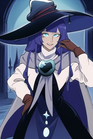 Prune Juice Cookie, 1boy, black witch hat, long hair, dark purple hair, ((slime hair)), cyan eyes, slit pupils, hime haircut, blunt bangs, gray cloak, indigo cape, long black gown, turtleneck collar, white long sleeves, brown leather gloves, long eyelashes, perfect anatomy, solo, (insanely detailed, beautiful detailed face, masterpiece, best quality), score_9, score_8_up, score_7_up, highest quality, 8K, RAW photo, source_anime, perfect face, upper_body