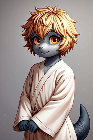 seal, 1girl, short hair, strawberry blonde hair, fluffy hair, ((colored skin, gray skin, white muzzle)), anthro, orange eyes, freckles, white robe, ((oversized sleeves)), ((gray seal tail)), child, perfect anatomy, female_solo, (insanely detailed, beautiful detailed face, masterpiece, best quality, detailed, detailed background, 8k, 4k, detailed shaders, glow effect, play of light, high contrast), score_9, score_8_up, score_7_up, highest quality, 8K, RAW photo, source_anime, perfect face, upper_body