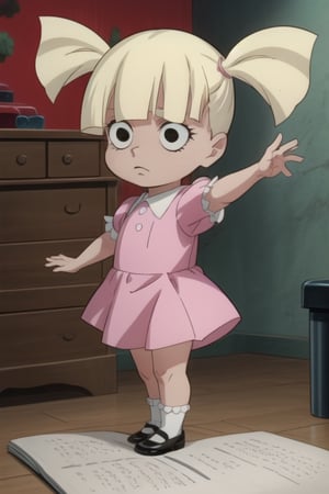 Mary Louise Dahl, 1girl, blonde hair, black eyes, pigtails, pink dress, white socks, black mary jane shoes, white collar, short puffy sleeves, child, perfect anatomy, female_solo, (insanely detailed, beautiful detailed face, masterpiece, best quality), (sharp), score_9, score_8_up, score_7_up, score_6_up, highest quality, 8K, RAW photo, source_anime, perfect face, closed_mouth, full_body, standing, kimetsu no yaiba style