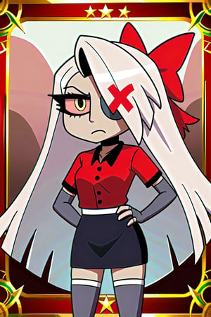 Vaggie, 1girl, gray skin, white hair, pink sclera, yellow eyes, long hair, red shirt, short sleeves, collared shirt, black choker, midriff, black skirt, grey elbow gloves, fingerless gloves, grey thighhighs, red hair bow, red hair ribbon, perfect anatomy, female_solo, (insanely detailed, beautiful detailed face, masterpiece, best quality), score_9, score_8_up, score_7_up, highest quality, 8K, RAW photo