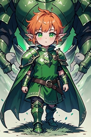 halfling, 1girl, orange hair, short fluffy hair, green eyes, big round pointy ears, freckles, short green dress, long sleeves, ((dark green armored belt)), green armored boots, green cape, ((green armored shoulder pads)), child, perfect anatomy, solo, (insanely detailed, beautiful detailed face, masterpiece, best quality, detailed, detailed background, 8k, 4k, detailed shaders, glow effect, play of light, high contrast), score_9, score_8_up, score_7_up, highest quality, 8K, RAW photo, source_anime, perfect face, full_body