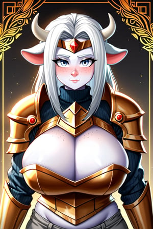 firbolg, 1girl, cow ears, cow nose, ((colored skin, white skin)), gray turtleneck sweater, long sleeves, gray shorts, gray armored boots, gold armor, long dark gray hair, gray eyes, freckles, chubby, huge breasts, gold breastplate, armor headpiece, paladin outfit, curvy figure, perfect anatomy, female_solo, (insanely detailed, beautiful detailed face, masterpiece, best quality, detailed, detailed background, 8k, 4k, detailed shaders, glow effect, play of light, high contrast), score_9, score_8_up, score_7_up, highest quality, 8K, RAW photo, source_anime, perfect face, upper_body