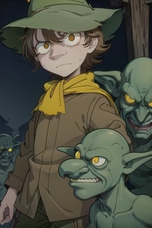 Snufkin, 1boy, human, short hair, brown hair, pointy nose, long sleeves, green coat, green pants, brown boots, green hat with yellow feather, yellow scarf, dark brown eyes, perfect anatomy, solo, (insanely detailed, beautiful detailed face, masterpiece, best quality), (sharp), score_9, score_8_up, score_7_up, score_6_up, highest quality, 8K, RAW photo, source_anime, perfect face, perfect hands, cowboy_shot, goblin, monster, glowing eyes, horror \(theme\), goblin horde