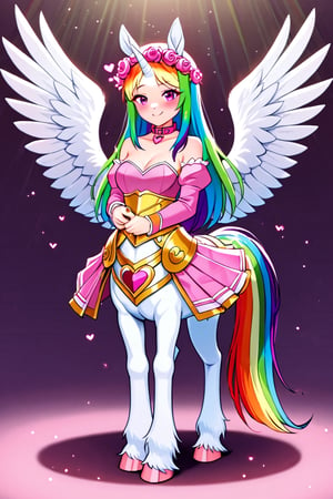 centaur, 1girl, long hair, rainbow hair, white unicorn horn, white fur centaur, white horse ears, pink eyes, ((pink hearts on cheeks)), ((rainbow horse tail)), pink flower crown, white wings, ((pink hooves)), pink strapless dress, shoulders, pink detached sleeves, ((pink seifuku collar, pink armored sash)), unicorn, perfect anatomy, female_solo, (insanely detailed, beautiful detailed face, masterpiece, best quality, detailed, detailed background, 8k, 4k, detailed shaders, glow effect, play of light, high contrast), score_9, score_8_up, score_7_up, highest quality, 8K, RAW photo, source_anime, perfect face, upper_body