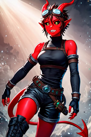 1girl, tiefling, ((colored skin, red skin)), yellow eyes, ((black sclera)), pointy ears, red horns, short hair, brown hair, sharp teeth, black sleeveless shirt, black shorts, black detached sleeves, rogue outfit, demon tail, black boots, black fingerless gloves, ((goggles on head)), perfect anatomy, female_solo, (insanely detailed, beautiful detailed face, masterpiece, best quality, detailed, detailed background, 8k, 4k, detailed shaders, glow effect, play of light, high contrast), score_9, score_8_up, score_7_up, highest quality, 8K, RAW photo, source_anime, perfect face, upper_body