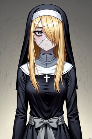 zombie, 1girl, long hair, messy hair, pale blonde hair, ((hair over one eye)), colored skin, pale white skin, patchwork skin, multiple scars, stiched face, tired eyes, gray eyes, dark eyebags, bandaged face, nun outfit, white torn socks, black mary jane shoes, long sleeves, torn sleeves, gray sash, ((gray bow on head)), perfect anatomy, female_solo, (insanely detailed, beautiful detailed face, masterpiece, best quality, detailed, detailed background, 8k, 4k, detailed shaders, glow effect, play of light, high contrast), score_9, score_8_up, score_7_up, highest quality, 8K, RAW photo, source_anime, perfect face, upper_body
