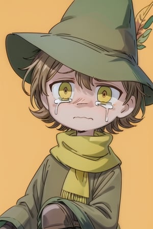 Snufkin, 1boy, human, short hair, brown hair, pointy nose, long sleeves, green coat, green pants, brown boots, green hat with yellow feather, yellow scarf, dark brown eyes, perfect anatomy, solo, (insanely detailed, beautiful detailed face, masterpiece, best quality), (sharp), score_9, score_8_up, score_7_up, score_6_up, highest quality, 8K, RAW photo, source_anime, perfect face, perfect hands, full_body, crying, tears, wavy_mouth