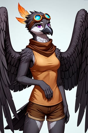 kenku, 1girl, avian, black feathers, anthro, avian bird, gray beak, ((winged-arms)), purple eyes, bird tail, feathered wings, claws, tail, bird legs, short black hair, short light brown sleeveless dress, dark brown shorts, dark brown scarf, brown goggles on head, orange feather on head, perfect anatomy, female_solo, (insanely detailed, beautiful detailed face, masterpiece, best quality, detailed, detailed background, 8k, 4k, detailed shaders, glow effect, play of light, high contrast), score_9, score_8_up, score_7_up, highest quality, 8K, RAW photo, source_anime, perfect face, upper_body