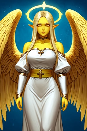 aasimar, 1girl, pointy ears, long hair, blonde hair, ((colored skin, yellow skin)), yellow eyes, ((yellow and white feathered wings)), forehead, ((yellow and white dress)), ((yellow waist cape)), white feathered boots, yellow sash, yellow belt, yellow detached sleeves, yellow halo, yellow choker, cleric outfit, fantasy goddess, glowing angelic being, perfect anatomy, female_solo, (insanely detailed, beautiful detailed face, masterpiece, best quality, detailed, detailed background, 8k, 4k, detailed shaders, glow effect, play of light, high contrast), score_9, score_8_up, score_7_up, highest quality, 8K, RAW photo, source_anime, perfect face, upper_body