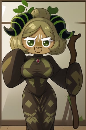 Matcha Cookie, 1girl, olive green skin, dark green hair, bun hairstyle, black horns on head, green stripes on horns, dark green eyes, dark green cloak, ((olive zigzag design on bottom of cloak)), oversized sleeves, ((tan colored wooden staff with shiny chartreuse jewel on top)), mature female, perfect anatomy, female_solo, (insanely detailed, beautiful detailed face, masterpiece, best quality), score_9, score_8_up, score_7_up, highest quality, 8K, RAW photo, source_anime, perfect face, cowboy_shot