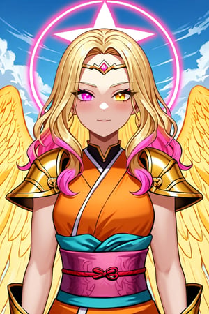 aasimar, 1girl, long hair, wavy hair, ((blonde hair with pink highlights)), hair bangs, ((heterochromia, pink eye on right, yellow eye on left)), ((pink and yellow wings)), ((short orange kimono)), sleeveless, pink obi, ((pink flower on obi, orange and yellow shoulder pads, orange and yellow armor wrists)), ((pink circlet)), orange mary jane shoes, orange collar, pink halo, monk outfit, fantasy goddess, glowing angelic being, perfect anatomy, female_solo, (insanely detailed, beautiful detailed face, masterpiece, best quality, detailed, detailed background, 8k, 4k, detailed shaders, glow effect, play of light, high contrast), score_9, score_8_up, score_7_up, highest quality, 8K, RAW photo, source_anime, perfect face, upper_body