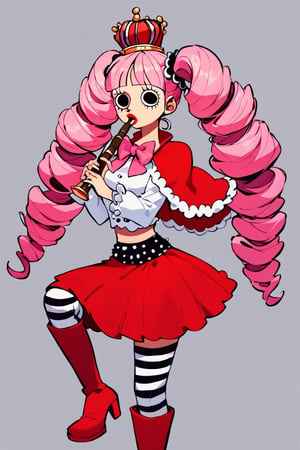 Perona, 1girl, pink hair, black eyes, blunt bangs, drill hair, red lipstick, long twintails, crown, (white and black striped stockings), long red boots, red capelet, pink bowtie, white shirt with sleeves, red skirt, midriff, perfect anatomy, female_solo, (insanely detailed, beautiful detailed face, masterpiece, best quality), score_9, score_8_up, score_7_up, score_6_up, score_5_up, highest quality, 8K, RAW photo, source_anime, perfect face, kyoufuuallback, full_body, holding flute