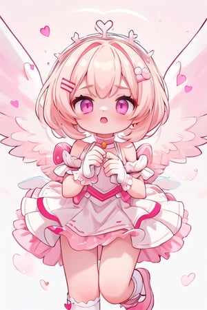 cupid, 1girl, short hair, blonde hair, pink eyes, pink hearts on face, white wings, pink and white flower crown, cleric outfit, pink heart hairclip, white shirt with pink straps, white and pink tutu, white socks, pink and white fingerless gloves, white short puffy sleeves, shoulders, pink mary jane shoes, perfect anatomy, female_solo, (insanely detailed, beautiful detailed face, masterpiece, best quality, detailed, detailed background, 8k, 4k, detailed shaders, glow effect, play of light, high contrast), score_9, score_8_up, score_7_up, highest quality, 8K, RAW photo, source_anime, perfect face, upper_body, cupidtech