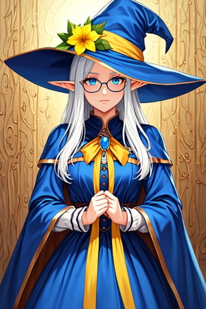 elf, 1girl, white hair, long hair, blue eyes, freckles, long pointy ears, glasses, ((blue witch hat with yellow ribbons, yellow flower crown on hat)), long blue dress, victorian dress, blue cape, blue boots, blue armored belt, long sleeves, ((oversized sleeves)), sorcerer outfit, perfect anatomy, female_solo, (insanely detailed, beautiful detailed face, masterpiece, best quality, detailed, detailed background, 8k, 4k, detailed shaders, glow effect, play of light, high contrast), score_9, score_8_up, score_7_up, highest quality, 8K, RAW photo, source_anime, perfect face, upper_body