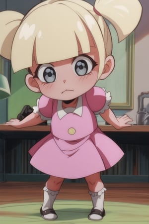 Mary Louise Dahl, 1girl, blonde hair, black eyes, pigtails, pink dress, white socks, black mary jane shoes, white collar, short puffy sleeves, child, perfect anatomy, female_solo, (insanely detailed, beautiful detailed face, masterpiece, best quality), (sharp), score_9, score_8_up, score_7_up, score_6_up, highest quality, 8K, RAW photo, source_anime, perfect face, closed_mouth, full_body, standing, hanako-kun_style