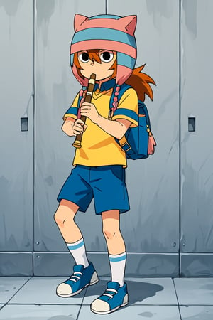 Matsuno Kuusuke, 1boy, brown hair, black eyes, ((pink and blue hat with cat ears)), hair between eyes, raimon uniform, yellow shirt, blue collar, blue shorts, white socks, teal shoes, perfect anatomy, solo, (insanely detailed, beautiful detailed face, masterpiece, best quality), score_9, score_8_up, score_7_up, score_6_up, score_5_up, score_4_up, highest quality, 8K, RAW photo, source_anime, perfect face, kyoufuuallback, full body, holding flute
