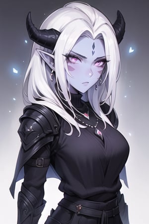 1girl, drow, ((colored skin, lavender skin)), pointy ears, long white hair, white eyes, red facial markings, forehead, black horns, black sleeveless turtleneck sweater, black pants, black and red boots, black and red armor, black fingerless gloves, black and red cape, warlock outfit, tsurime, red necklace, perfect anatomy, female_solo, (insanely detailed, beautiful detailed face, masterpiece, best quality, detailed, detailed background, 8k, 4k, detailed shaders, glow effect, play of light, high contrast), score_9, score_8_up, score_7_up, highest quality, 8K, RAW photo, source_anime, perfect face, upper_body