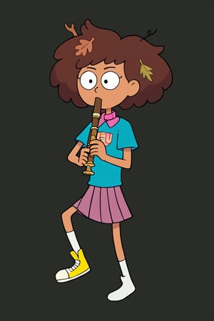 Anne Boonchuy, 1girl, brown hair, short hair, curly hair, dark skin, black eyes, blue shirt, logo on shirt, pink skirt, pleated skirt, pink collar, white socks, leaf on head, yellow shoes, perfect anatomy, female_solo, (insanely detailed, beautiful detailed face, masterpiece, best quality), score_9, score_8_up, score_7_up, score_6_up, score_5_up, score_4_up, highest quality, 8K, RAW photo, source_anime, perfect face, kyoufuuallback, full body, holding flute,more detail XL