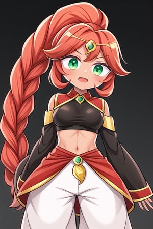 Scorpion Cookie, 1girl, red hair, yellow circlet, high ponytail, ((braided ponytail)), absurdly long hair, green eyes, tan, black crop top, red collar, black disconnected sleeves, long sleeves, baggy white pants, hair accessory, perfect anatomy, female_solo, (insanely detailed, beautiful detailed face, masterpiece, best quality), score_9, score_8_up, score_7_up, highest quality, 8K, RAW photo, source_anime, perfect face, cowboy_shot
