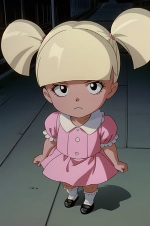 Mary Louise Dahl, 1girl, blond hair, black eyes, pigtails, pink dress, white socks, black mary jane shoes, white collar, short puffy sleeves, child, perfect anatomy, female_solo, (insanely detailed, beautiful detailed face, masterpiece, best quality), (sharp), score_9, score_8_up, score_7_up, score_6_up, highest quality, 8K, RAW photo, source_anime, perfect face, closed_mouth, full_body, standing, evangelion anime style