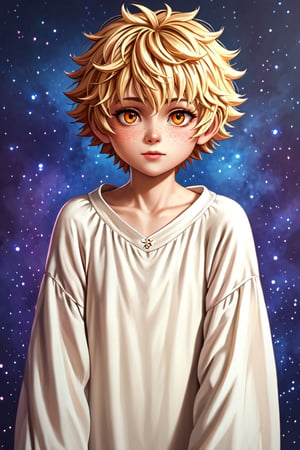 human, 1girl, short hair, strawberry blonde hair, fluffy hair, orange eyes, freckles, white robe, ((oversized sleeves)), barefoot, child, perfect anatomy, female_solo, (insanely detailed, beautiful detailed face, masterpiece, best quality, detailed, detailed background, 8k, 4k, detailed shaders, glow effect, play of light, high contrast), score_9, score_8_up, score_7_up, highest quality, 8K, RAW photo, source_anime, perfect face, upper_body