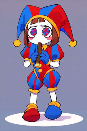 Pomni, 1girl, ((red and blue jester outfit)), red and blue jester cap, puffy short sleeves, ((red and blue gloves)), buttons, colored skin, ((symbol-shaped pupils, red and blue eyes)), ((red and blue shoes)), blush stickers, brown hair, bob cut, blunt bangs, colored skin, white skin, perfect anatomy, female_solo, (insanely detailed, beautiful detailed face, masterpiece, best quality), score_9, score_8_up, score_7_up, score_6_up, score_5_up, highest quality, 8K, RAW photo, source_anime, perfect face, kyoufuuallback, full_body, holding flute