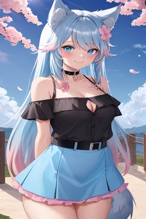 (masterpiece), best quality, cowboy shot, silvervale \(vtuber\), (beautiful detailed face), (beautiful detailed eyes), very long hair, (sky blue eyes), ((gradient hair)), (sky blue hair), pink hair tips, (wolf ears), ((wolf tail)), (black choker), (pink flower on choker), (bare shoulders), collarbone, large breasts, cleavage, (black shirt), ((frilled shirt)), black frills, ((off-shoulder shirt)), sleeveless, (bare arms), black belt, BREAK, 
short skirt, ((blue and pink gradient skirt skirt)), , (arms behind back), standing, happy, (smile), blush, looking at viewer, BREAK, 
backlighting, cherry blossoms, sky, clouds, path