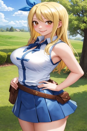 (masterpiece), best quality, cowboy shot, [[from side]], lucy heartfilia \(fairy tail\), (beautiful detailed face), close-up, (blonde hair), long hair, (blue hair ribbon), (beautiful detailed eyes), ((brown eyes)), large breasts, open collar, [collarbone], (white shirt), sleeveless, (belt), (one hip pouch), blue skirt, , (hands on own hips), standing, happy, (smile), [blush], looking at viewer, BREAK, 
(outdoors), trees, mansion