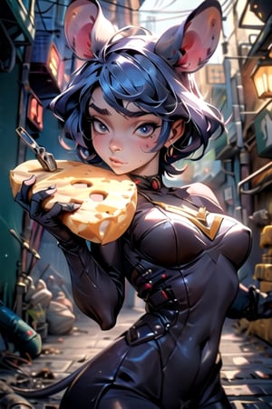 (8k,piece ultra-best quality, masterpiece: 1.2), ultra-detailed, best shadow, detailed hand, Unreal Engine 5, perfect finger, hyper-realistic portraits, (detailed background), ((chubby mouse)),grey fur, looking at a very smelly ((huge rotten cheese slice)) and wonder if she is gonna eat it,((dirty backalley background)),High detailed ,asagioutfit,mechanical parts