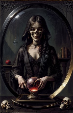 Create a reinterpretation of (The Crystal Ball, the painting by John William Waterhouse) as a horror scene, a study full of books, a skull on the table, a ghoul dressed in bloody clothes holds a crystal ball in his hands, oil on canvas, (masterpiece, top quality, best quality, highres) professional artwork,