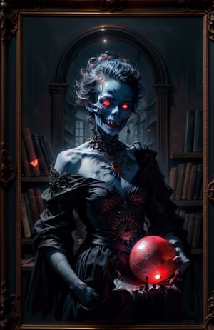Create a reinterpretation of (The Crystal Ball, the painting by John William Waterhouse) as a horror scene, ((a study full of books)), a skull on the table, a ghoul ((bloody sharp teeth, glowing red eyes, blue skin, menacing expression)) dressed in black an red clothes holds a crystal ball in his hands, oil on canvas, (masterpiece, top quality, best quality, highres) professional artwork,