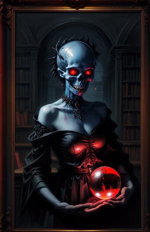 Create a reinterpretation of (The Crystal Ball, the painting by John William Waterhouse) as a horror scene, ((a study full of books)), a skull on the table, a ghoul ((bloody sharp teeth, glowing red eyes, blue skin)) dressed in black an red clothes holds a crystal ball in his hands, oil on canvas, (masterpiece, top quality, best quality, highres) professional artwork,