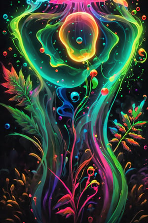 Psychedelic bubbles with mushrooms and weed, strong lines, lit neon palette, neo traditional, badass, hipster, graffiti, underground, badass, noir