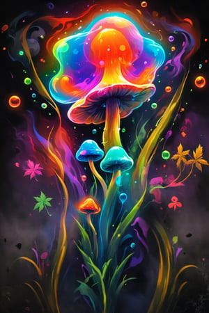 Psychedelic bubbles with mushrooms and weed, strong lines, lit neon palette, neo traditional, badass, hipster, graffiti, underground, badass, noir