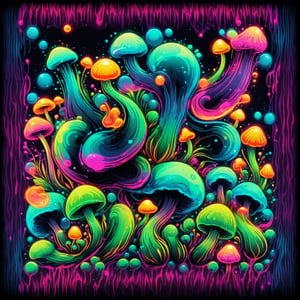 stamp vector for t shirt, Psychedelic bubbles with mushrooms and weed, strong lines, lit neon palette, neo traditional, badass, hipster, graffiti, underground, badass, noir