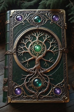 Top down view of a book cover (an ancient ornate intricate CLOSED old tome spell book with the sigil symbol of a TREE_OF_LIFE emblazoned on the cover), magical and mysterious, cinematic, realistic, intricate detail,  hyperdetailed_iridescent_silk-thread-like_ornates, finely detailed, small details, extra detail,  photorealistic, high resolution, path tracing, volumetric lighting, octane render, arnold render, 16k, photorealistic concept art, soft natural volumetric cinematic perfect light,DonMD34thM4g1cXL,Magical Fantasy style,more detail XL