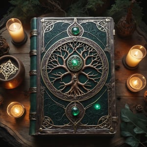 Top down view of a book (an ancient ornate intricate CLOSED old tome spell book with the sigil symbol of a TREE_OF_LIFE emblazoned on the cover), magical and mysterious atmosphere, cinematic, realistic, intricate detail,  hyperdetailed_iridescent_silk-thread-like_ornates, finely detailed, small details, extra detail, (LYING ON A WOOD TABLE around with hypeddetailed tarot cards)  photorealistic, high resolution, path tracing, volumetric lighting, octane render, arnold render, 16k artistic photography, photorealistic concept art, soft natural volumetric cinematic perfect light,DonMD34thM4g1cXL,Magical Fantasy style,more detail XL