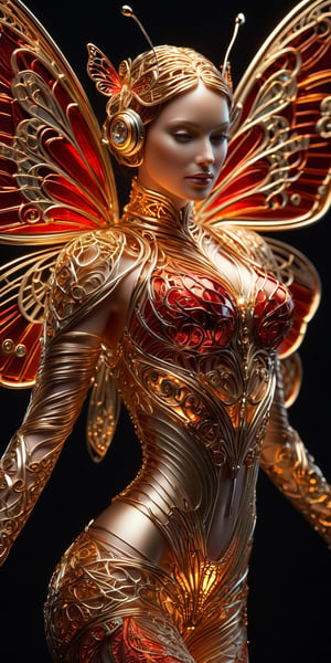 An exceptional jewelry piece crafted from gleaming platinum wire forming intricate patterns with sparks of electricity, enclosing a mechanical woman-butterfly hybrid, radiantly colored in gold with touches of lustrous rust-red, blending art nouveau and futurism transcend artstation trends, captured with Greg Rutkowski's mastery, full body frame, in sharp focus, gleaming under studio lights, rich in intricate details, high-resolution capture