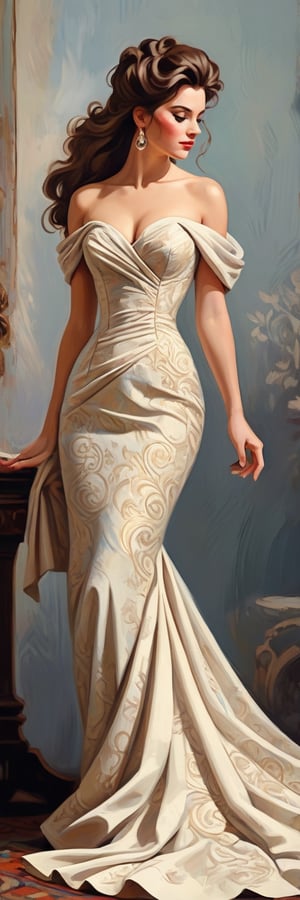 A richly textured oil painting of an elegant woman in a vintage gown, the thick brushstrokes giving life to her curled hair and the fabric’s intricate patterns,Flat vector art