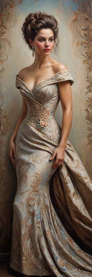 A richly textured oil painting of an elegant woman in a vintage gown, the thick brushstrokes giving life to her curled hair and the fabric’s intricate patterns,