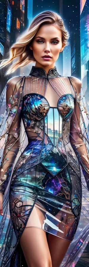 quantum shininess, beautiful gorgeous stunning woman wearing a Transparent glass dress with intricate city embroidery, haute galaxial couture style,  futuristic society elements,  interpreted in mixed media with ink and colors, featuring a double exposure technique, intricately detailed in 4k, breathtaking hyperrealistic and elaborate details, mixed media masterpiece