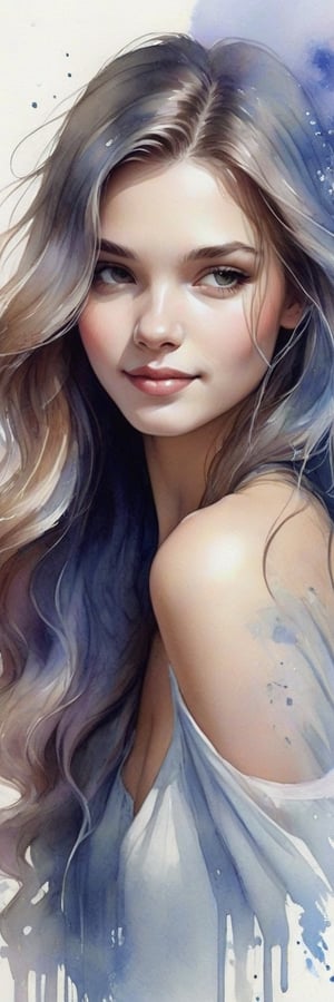 A dreamy watercolor painting of a woman 20 yo with flowing locks and a gentle smile, her image blurring into the washed-out background, creating a tranquil atmosphere,SelectiveColorStyle