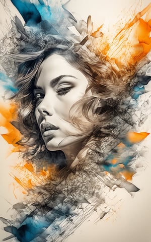 Woman, upperbody portrait, post-processing rendering, transition between two styles in art, Ink drawing to photorealism, double exposure, vivid light, masterpiece, fantasy, abstraction, surrealism, ultra detailed, high resolution