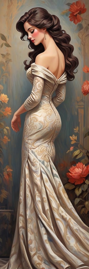A richly textured oil painting of an elegant woman in a vintage gown, the thick brushstrokes giving life to her curled hair and the fabric’s intricate patterns,Flat vector art
