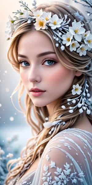 A serene portrait wrapped in delicate frost and white flowers, closeup portrait, high-resolution, soft focus, whispers of mist, and an air of tranquil winter's magic.,Leonardo style 
