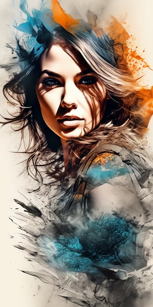 Woman, upperbody portrait, post-processing rendering, transition between two styles in art, Ink drawing to photorealism, double exposure, vivid light, masterpiece, fantasy, abstraction, surrealism, ultra detailed, high resolution