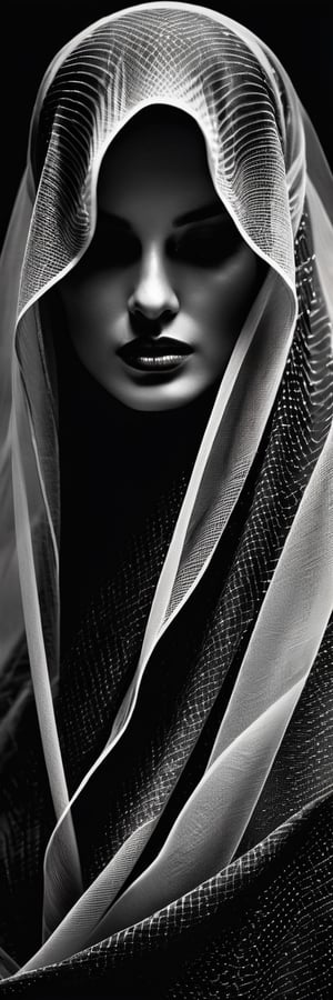 A modern artistic photograph of a woman, enveloped by an array of sweeping, flowing veils. This image captures the essence of contemporary art photography with a strong emphasis on light, shadow, and high contrast. adds a sense of mystery and anonymity, while the dynamic arrangement of the veils creates a sense of movement and fluidity. The photograph uses a monochrome color scheme to focus on the dramatic interplay of light and dark, highlighting the delicate textures and patterns of the veils against the woman's obscured face.