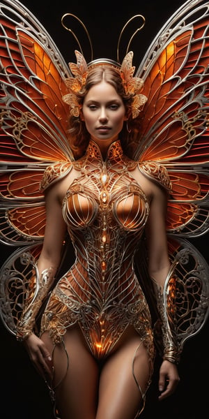 An exceptional jewelry piece crafted from gleaming platinum wire forming intricate patterns with sparks of electricity, enclosing a mechanical woman with butterfly wings, radiantly colored in gold with touches of lustrous rust-red, blending art nouveau and futurism transcend artstation trends, captured with Greg Rutkowski's mastery, full body frame, in sharp focus, gleaming under studio lights, rich in intricate details, high-resolution capture